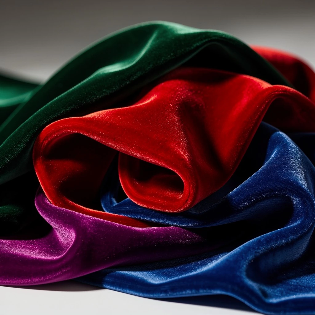 Close-up of draped velvet fabric in emerald green, crimson, royal blue and purple