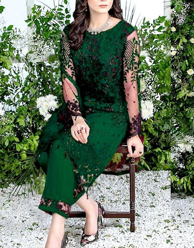 2-Piece Embroidered Fancy Net Party Dress in Green with Thread & Sequins Work.