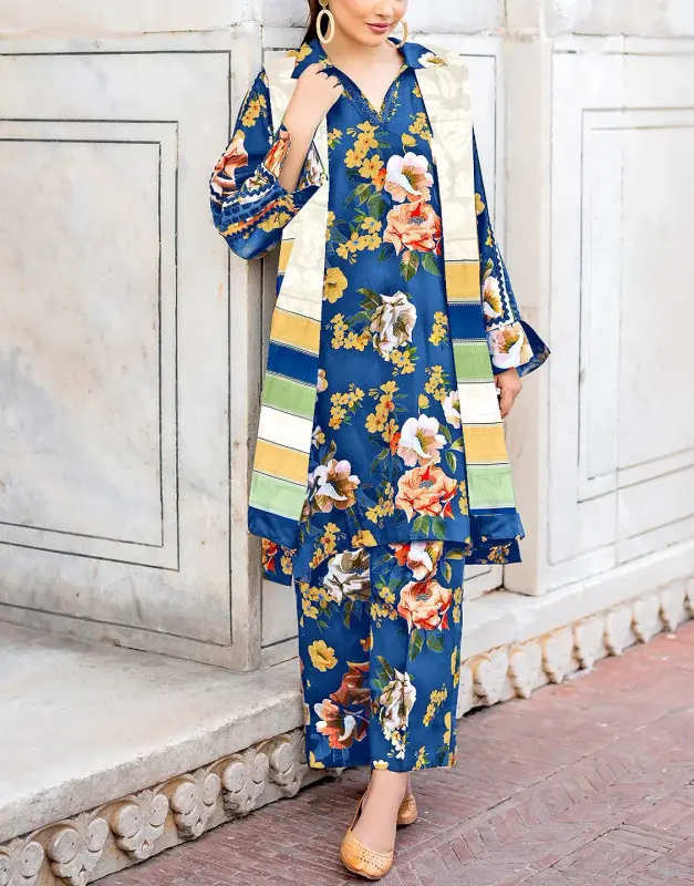 Unstitched All-Over Digital Print 100/100 Lawn 3-Piece Suit with Printed Voil Lawn Dupatta.