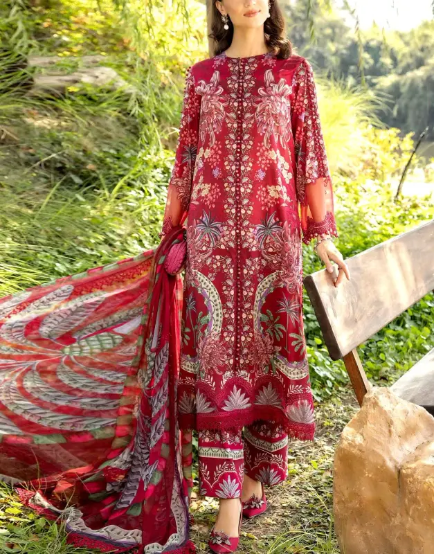 All-Over Print Embroidered Lawn Dress 3-Pc with Embroidered Border Chiffon Dupatta (2025).