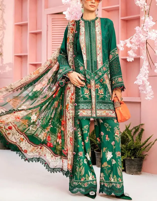 All-Over Print Embroidered Lawn Suit 3-Pc with Printed Soft Chiffon Dupatta (Summer 2025).
