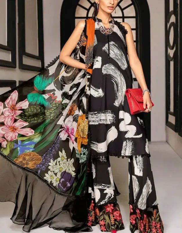 Unstitched 3-Piece Lawn Suit with all-over print, embroidered neck patch, and a soft printed Chiffon Dupatta.