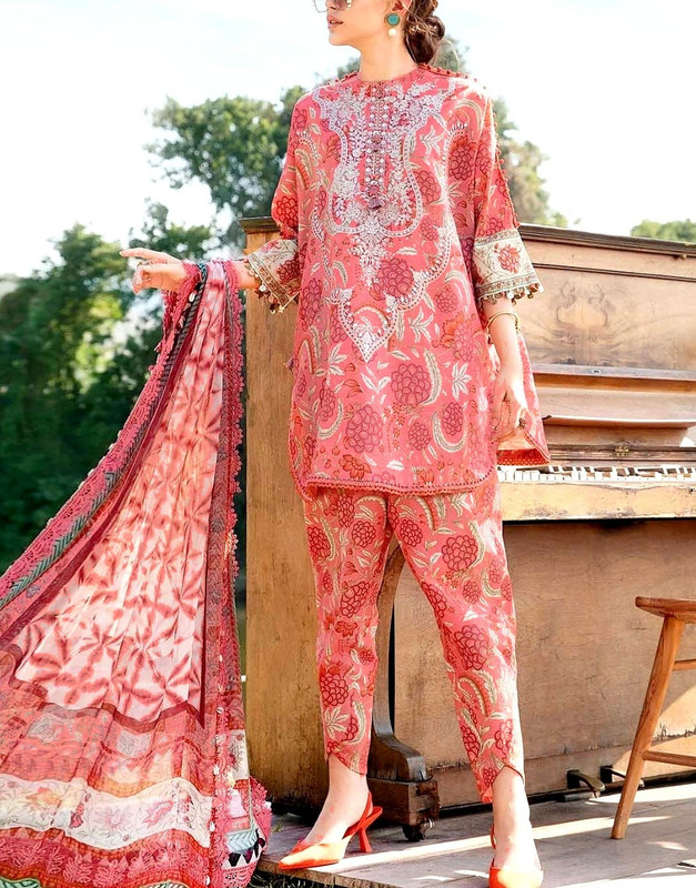 Floral All-Over Print Embroidered Lawn 3-Piece Suit with 4-Side Border Embroidered Printed Chiffon Dupatta.