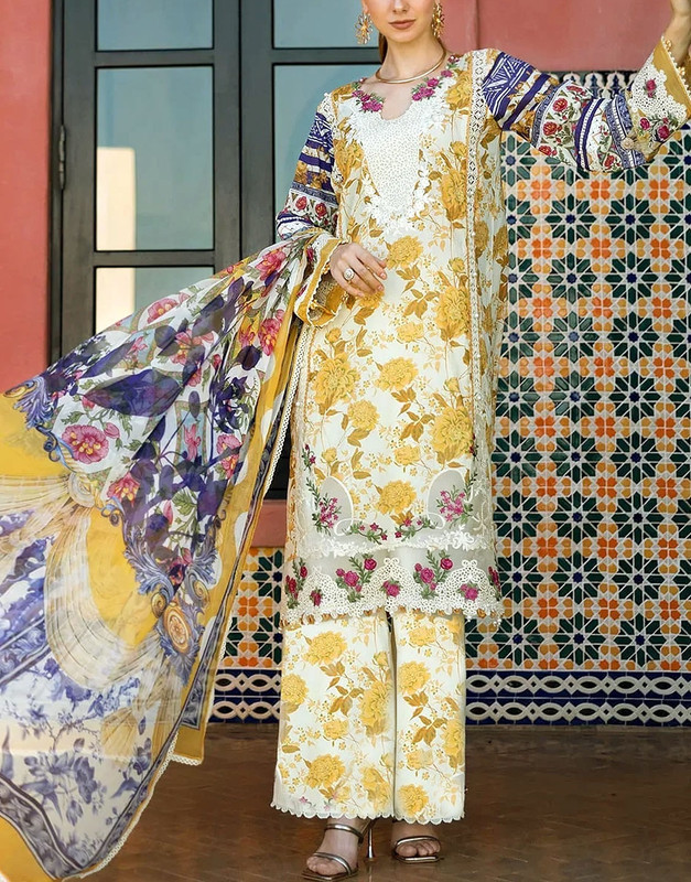 Floral All-Over Print Embroidered Lawn Suit 3-Pc with Printed Soft Chiffon Dupatta (2025).