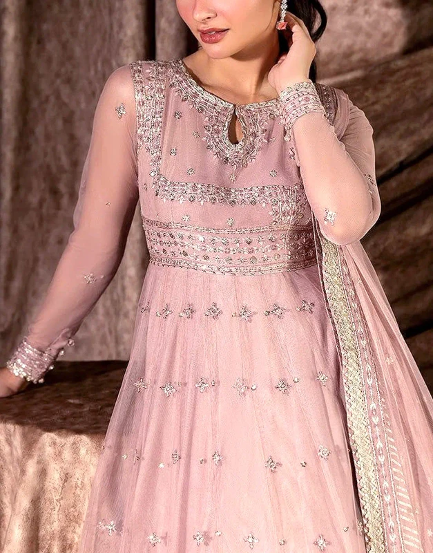 Blush-Pink Chiffon Maxi Dress with heavy embroidery and 104-inch ghair