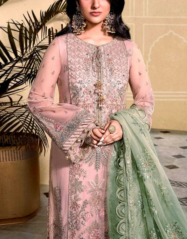 Blush pink organza unstitched nikkah dress front view - Pakistani bridal outfit with handcrafted neck and mint net dupatta