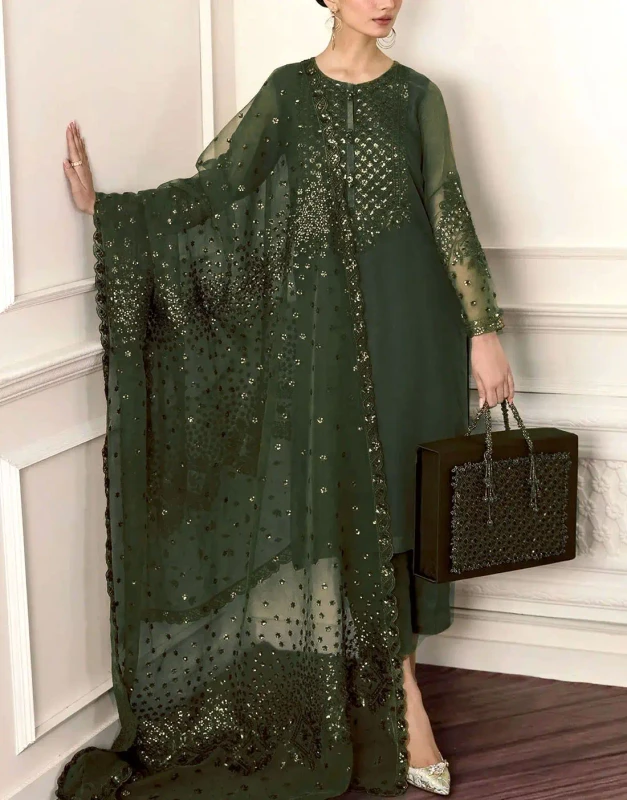 Bottle green heavy embroidered chiffon wedding dress front view - unstitched Pakistani formal outfit with pearls handwork