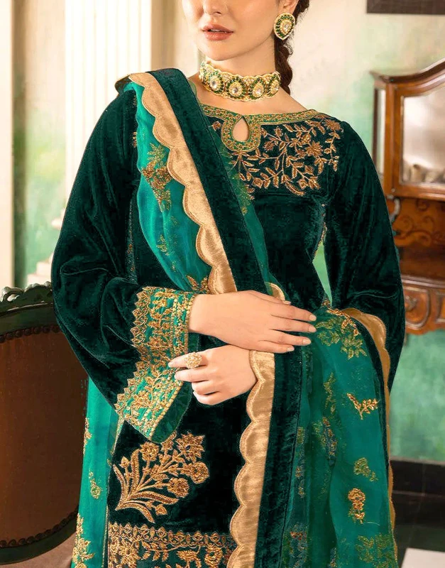 Bottle green velvet unstitched wedding dress front view - Pakistani bridal outfit with zari sequin embroidery