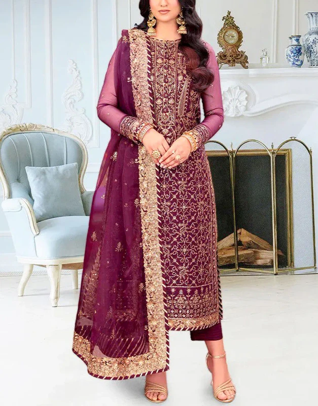 Deep plum embroidered chiffon unstitched wedding dress front view - Pakistani bridal outfit with zari work