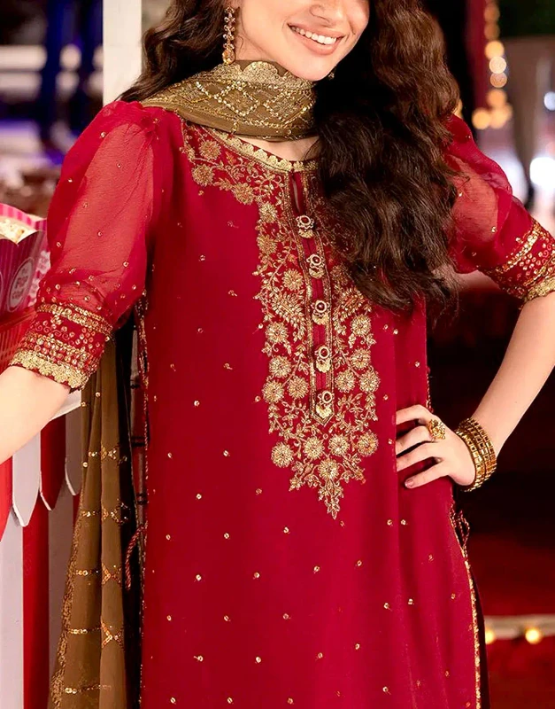 Deep-Red Chiffon Wedding Dress with heavy zari and sequin embroidery and embroidered silk trouser