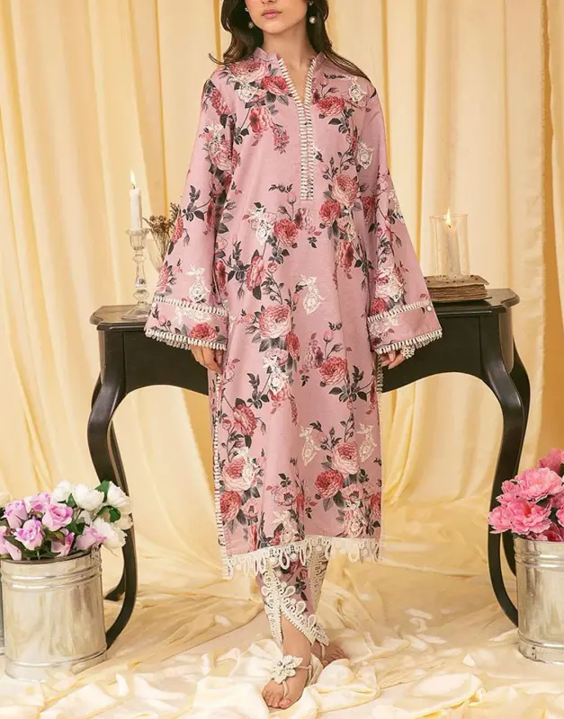 Stylish Unstitched Digital All-Over Print Lawn 3-Piece Suit with embroidered patches and Digital Printed Silk Dupatta.