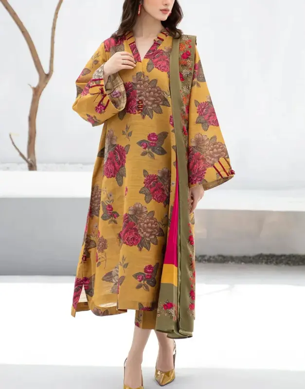 Premium Quality Digital All-Over Print Lawn 3-Piece Suit for EID, including a Voil Lawn Dupatta.