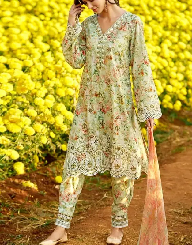 Unstitched Digital Print Schiffli Embroidered Lawn Suit with intricate cutwork and a Printed Silk Dupatta.
