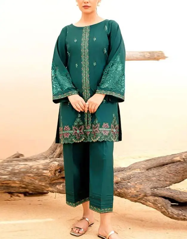 Elegant Unstitched 2-Piece Lawn Suit with embroidery on the shirt and embroidered patches for the trouser.