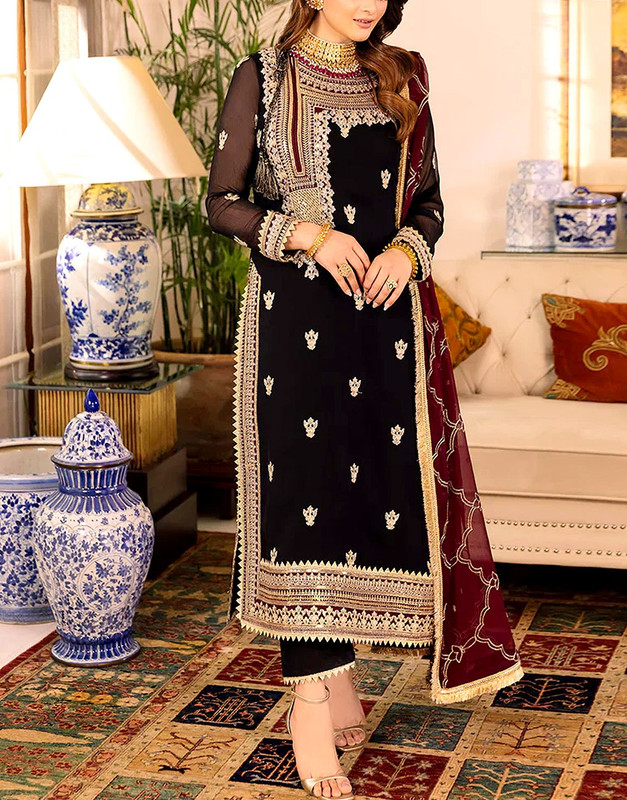 Elegant Embroidered Black Chiffon Party Wear Dress (Unstitched Suit).