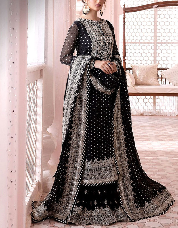 Elegant Embroidered Black Chiffon Wedding and Party Wear Dress 2026.