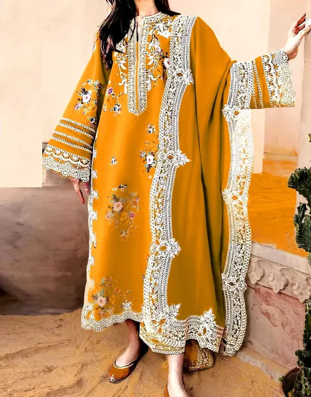 Elegant Unstitched Embroidered Lawn Suit (90/70) with Printed Diamond Dupatta.