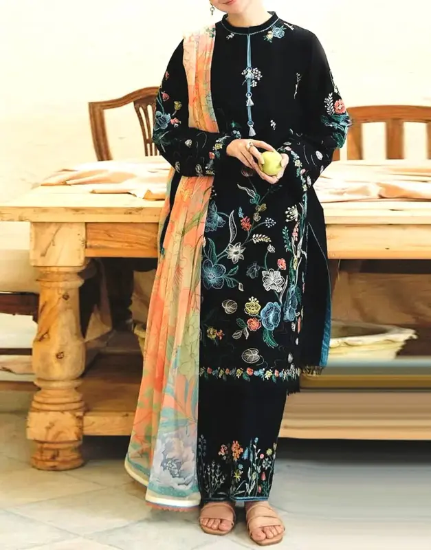 Embroidered Lawn Suit 3-Pc in Blue with Digital Print Diamond Lawn Dupatta (2025).