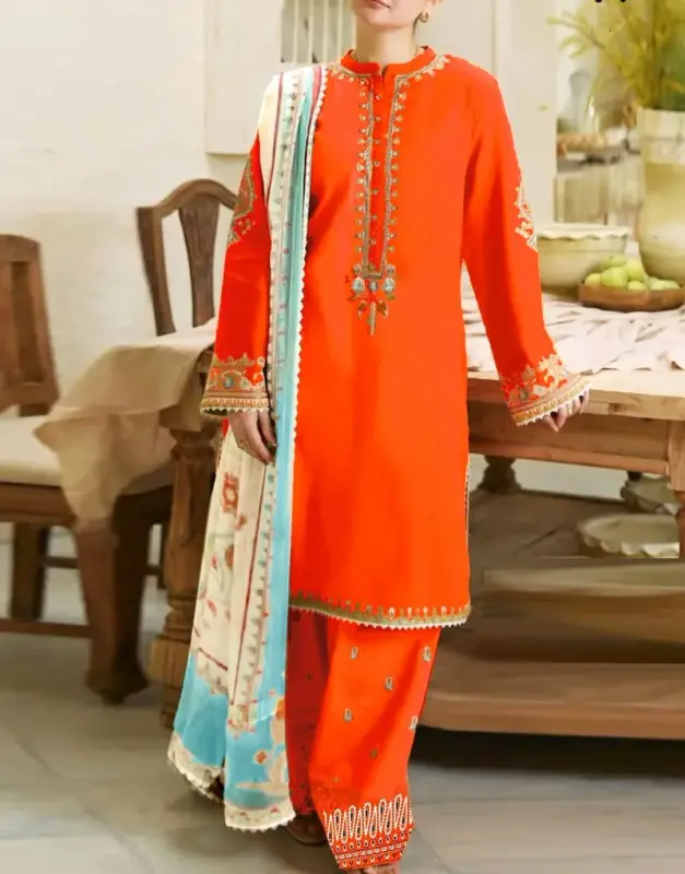 Fancy Unstitched Lawn Suit with heavy embroidery on the shirt and Digital Print Diamond Dupatta.