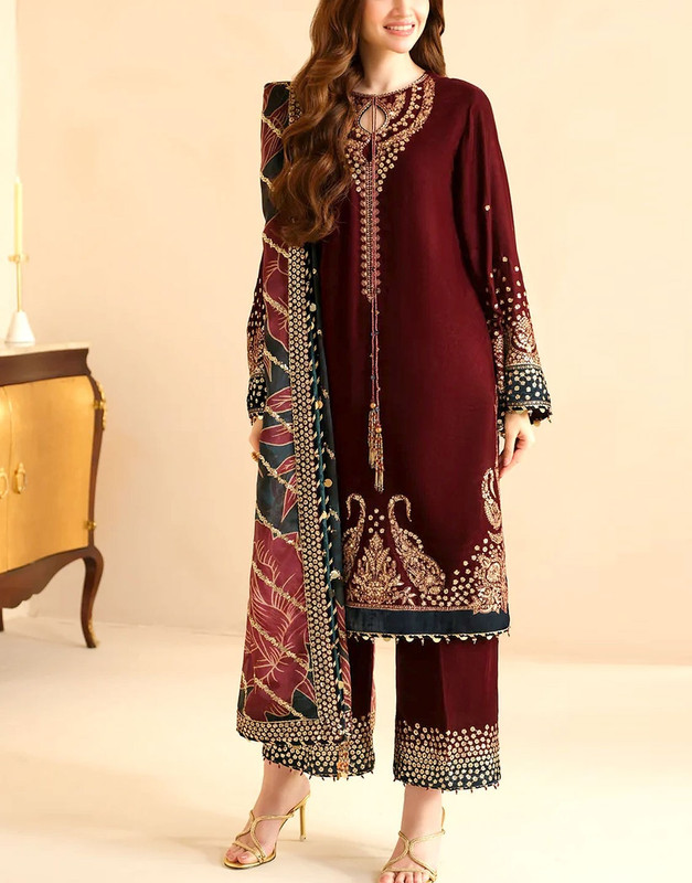 Formal Embroidered Maroon Velvet Dress 2026 with 4-Side Border Organza Dupatta.