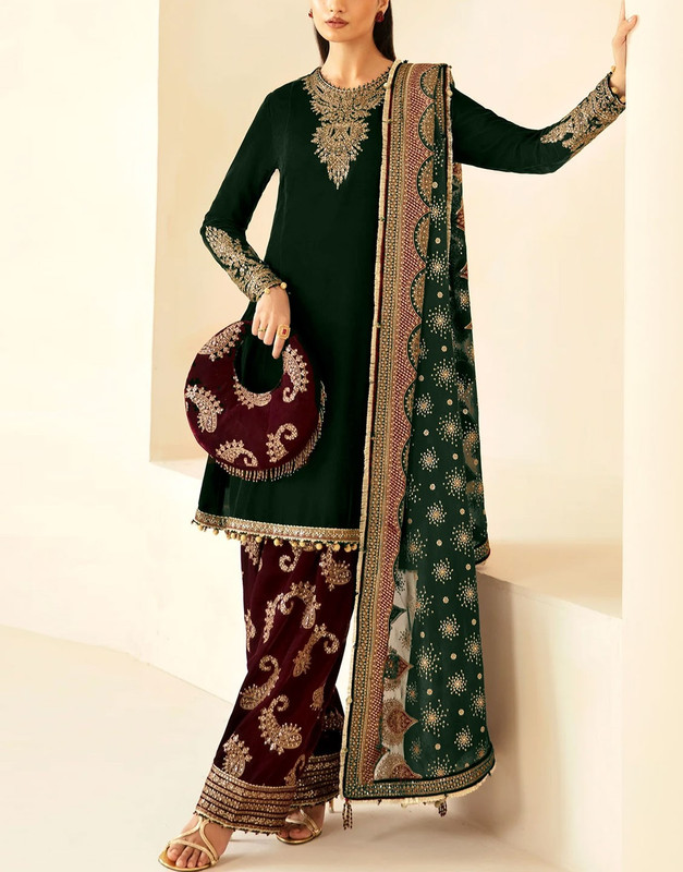 Formal Embroidered Velvet Party Wear Suit (9000 Micro) with Embroidered Silk Trouser.