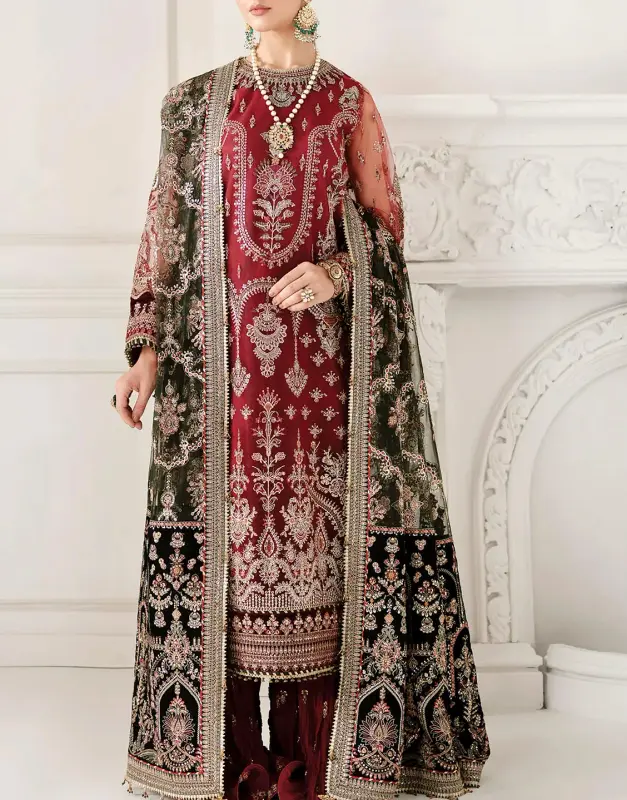 Glamorous Heavy Embroidered Net Bridal Suit 2026 with Hanging Tassels and Embroidered Silk Trouser.
