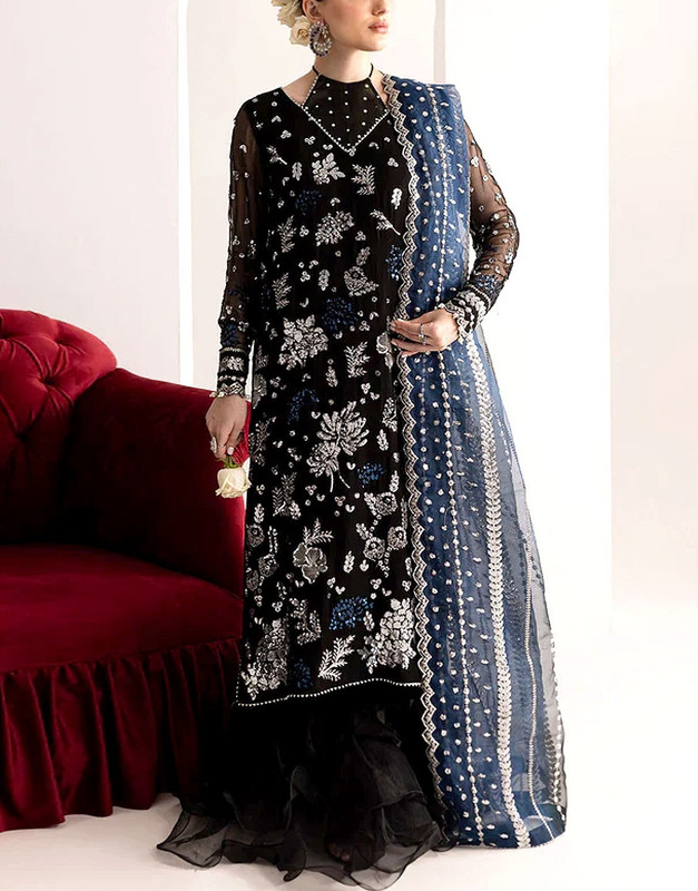 Handwork Heavy Embroidered Black Chiffon Suit with Heavy Embroidered Organza Dupatta.