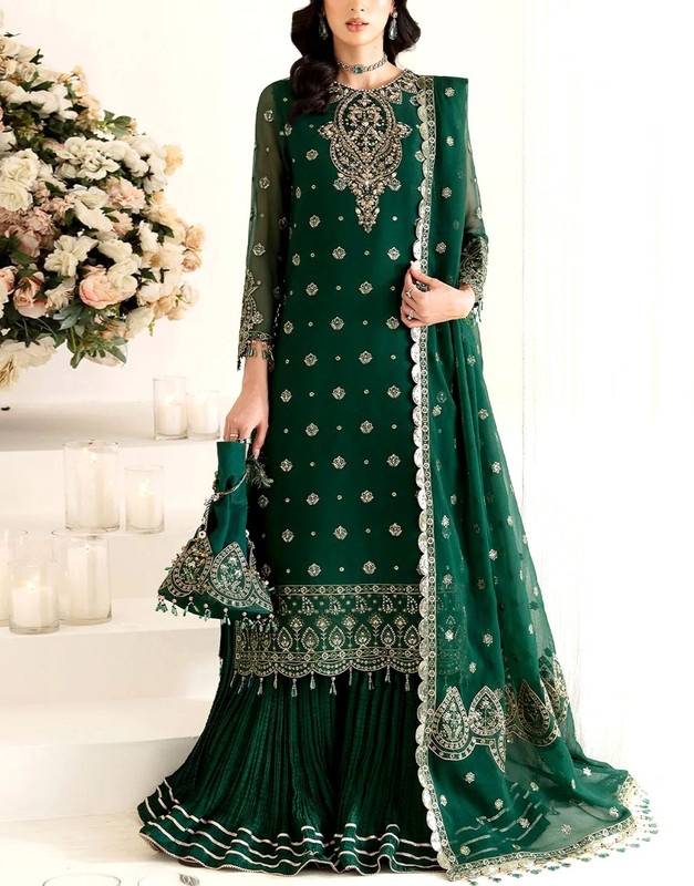 Heavy Embroidered Formal Chiffon Dress paired with a Silk Gharara Trouser.