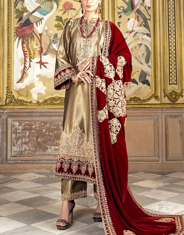 Heavy Embroidered Masoori Bridal Dress 2025 with 4-Side Border Luxury Velvet Shawl.