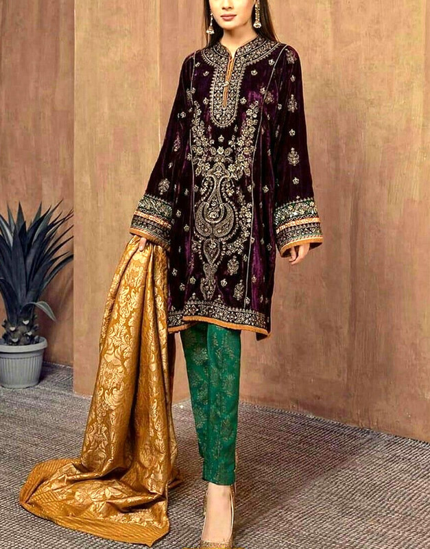 Heavy Embroidered Velvet Party Wear Dress 2026 with Printed Jamawar Trouser.