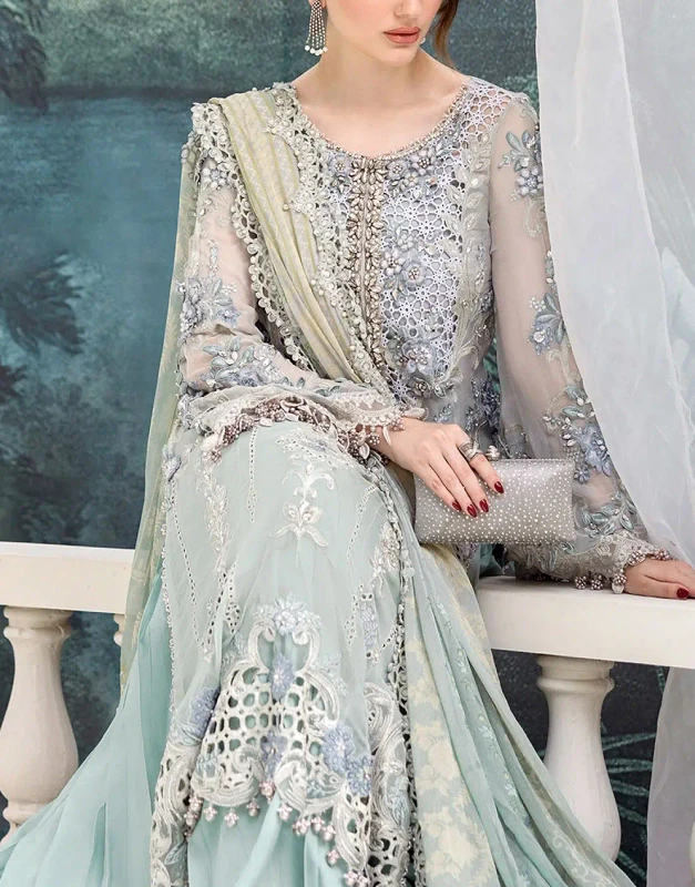 Ice-blue 3D cutwork chiffon unstitched wedding dress front view - Pakistani bridal outfit with pearl zari work