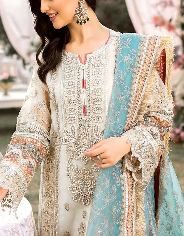 Ivory Organza Wedding Dress with heavy handwork embroidery and contrasting aqua net dupatta