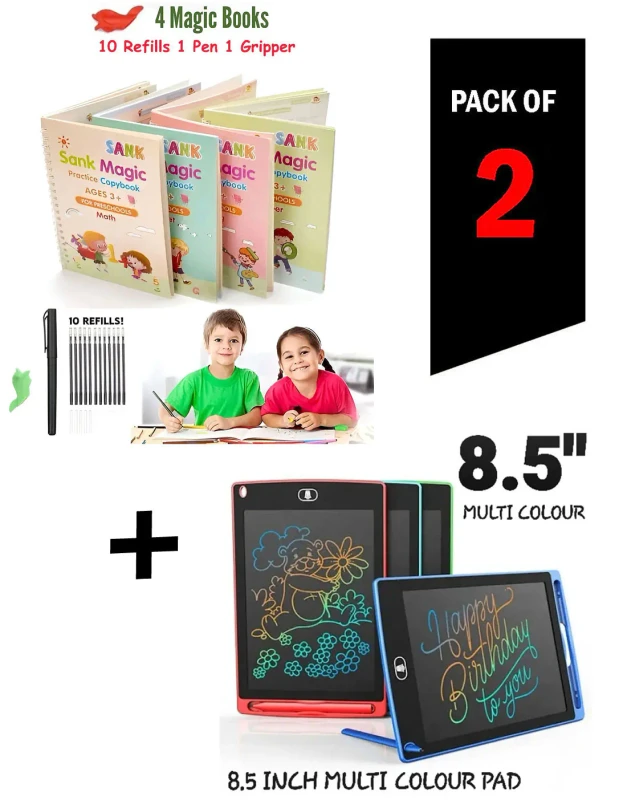 Kids Learning Gift Pack featuring an 8.5-inch LCD writing tablet and 4 magic copybooks