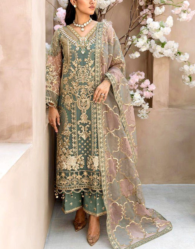 Luxury Handwork Embroidered Organza Party Suit 2026 with Embroidered Silk Trouser and tassel detail.