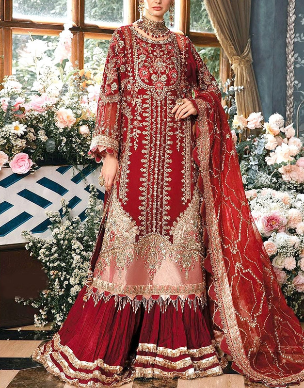 Luxurious Handwork Heavy Embroidered Organza Bridal Dress 2025 in a rich color.