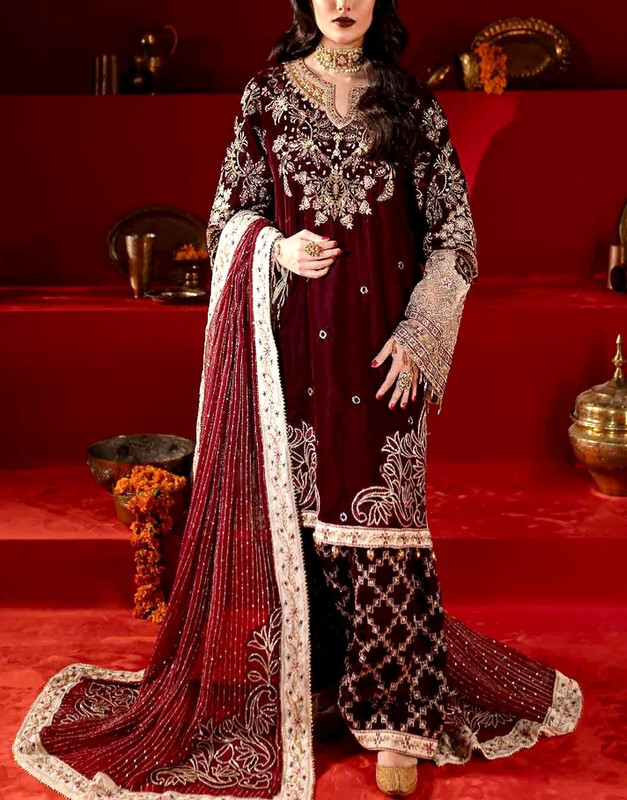 Luxurious Heavy Embroidered Velvet Suit with 4-Side Border Chiffon Dupatta and Embroidered Silk Trouser.