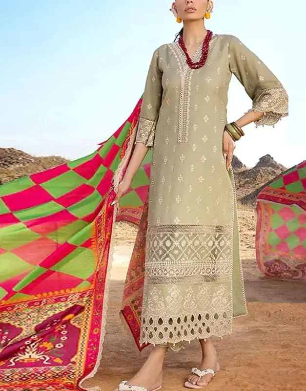 Unstitched Luxury Heavy Embroidered EID Lawn 3-Piece Suit with Digital Print Silk Dupatta.