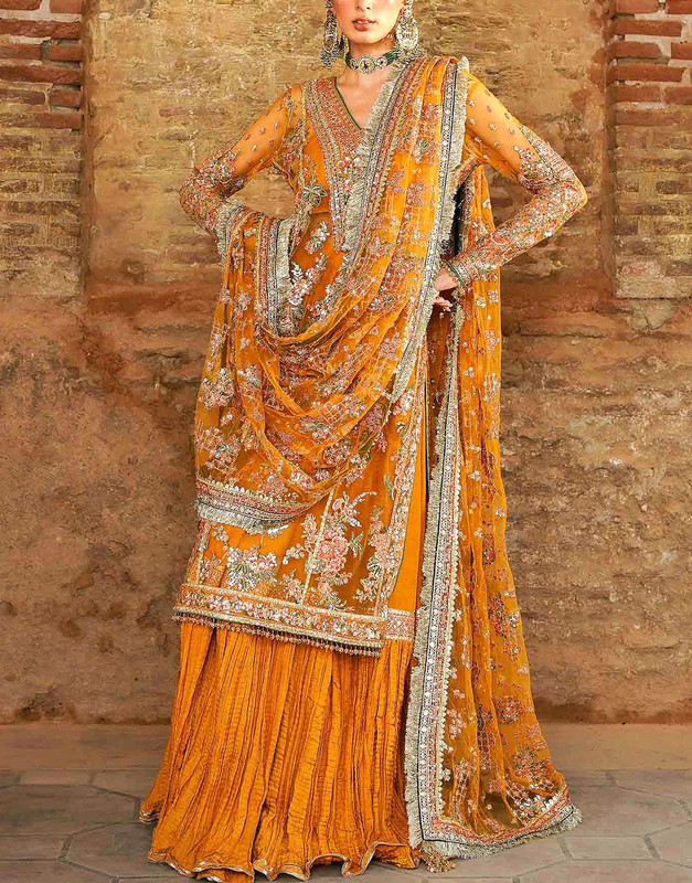 Luxury Handwork Embroidered Net Wedding Suit with Crushed Silk Gharara.