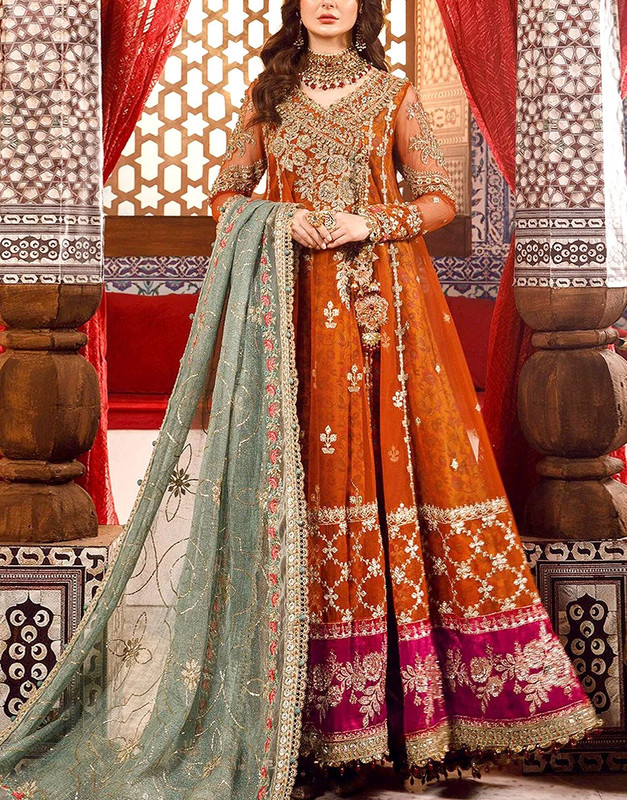 Luxury Handwork Heavy Embroidered Net Bridal Maxi Dress 2026 with Printed Jamawar Trouser.