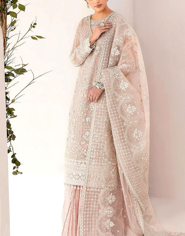 Luxury Handwork Heavy Embroidered Organza Wedding Wear Dress in a vibrant color.