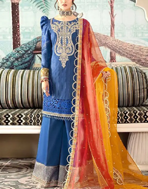 Luxury unstitched Heavy Embroidered Fancy Lawn 3-Piece Suit with 4-Side Border Organza Dupatta.