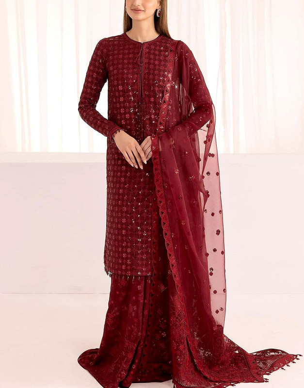 Luxury Heavy Embroidered Maroon Chiffon Wedding Suit with Heavy Embroidered Organza Dupatta.