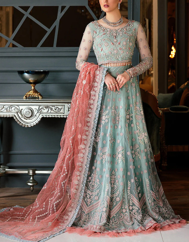 Luxury Heavy Embroidered Net Bridal Lehenga Dress 2026 with Hanging Tassels.