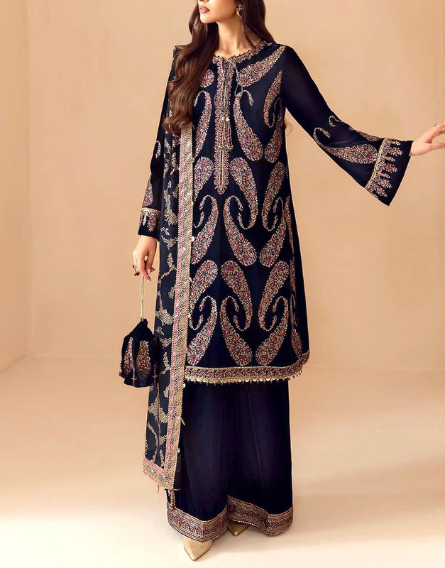 Luxury Heavy Embroidered Velvet Dress 2026 with Chiffon Dupatta and Daman Patches.