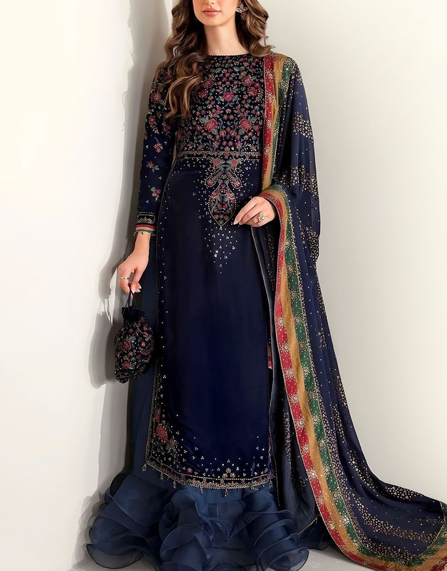 Luxury Heavy Embroidered Velvet Dress 2026 in a deep color with Embroidered Chiffon Dupatta.