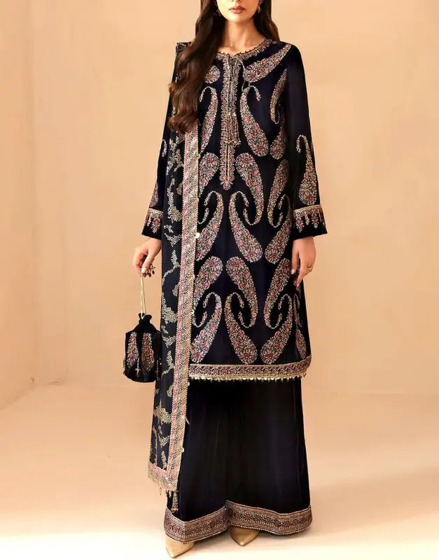 Luxury Heavy Embroidered Velvet Suit with 4-Side Border Embroidered Chiffon Dupatta.