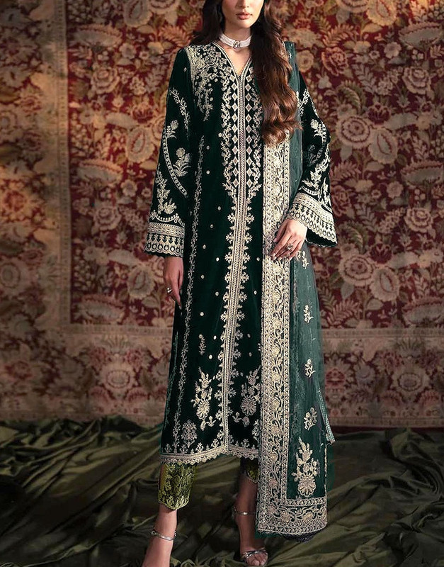 Luxury Handwork Heavy Embroidered Velvet Suit with 4-Side Border Organza Dupatta and Printed Jamawar Trouser.