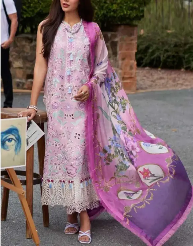 Luxury unstitched Heavy Schiffli Embroidered Lawn 3-Piece Suit with Digital Printed Silk Dupatta.