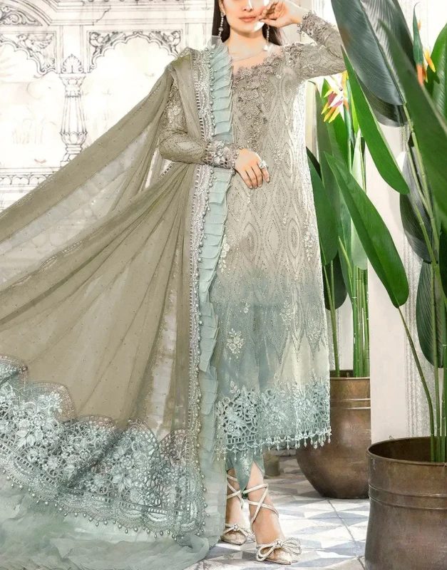 Luxury Ombre Chiffon Party Dress in Dusty Grayish-Green with Cutwork Dupatta