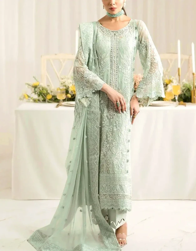 Mint Green Embroidered Chiffon Party and Wedding Dress with Handcrafted Neckline